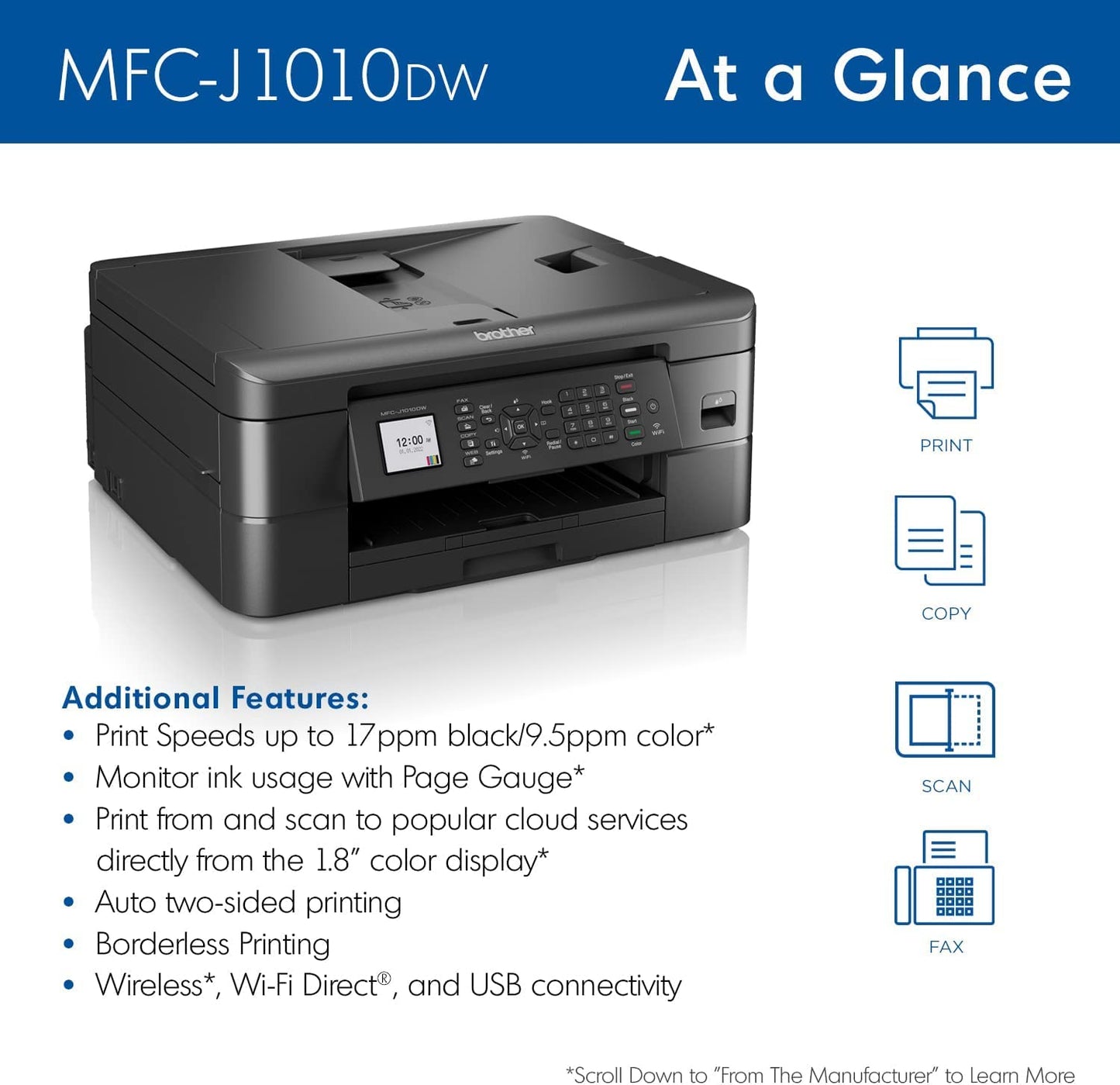 Brother MFC-J10 Series, Wireless Color Inkjet Printer, Printer, Copy, Scan, Fax - 9.5 ppm, 150 Sheets, 1.8" Color LCD, with Mobile Device and Duplex Printing, with MTC Printer Cable