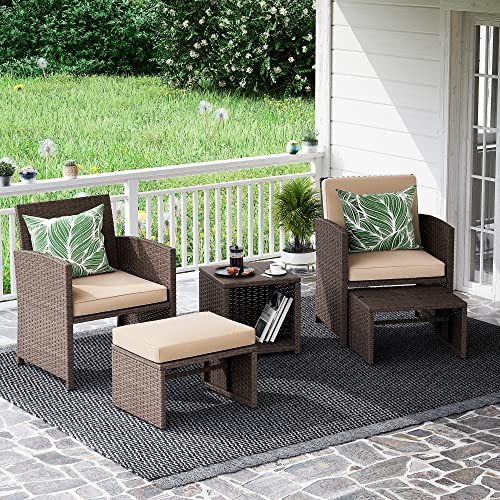 OC Orange-Casual 5 Pcs Patio Conversation Set Balcony Furniture Set with Cushions, Brown Wicker Chair with Ottoman, Storage Table for Backyard, Garden, Porch, Dark Grey OC Orange-Casual