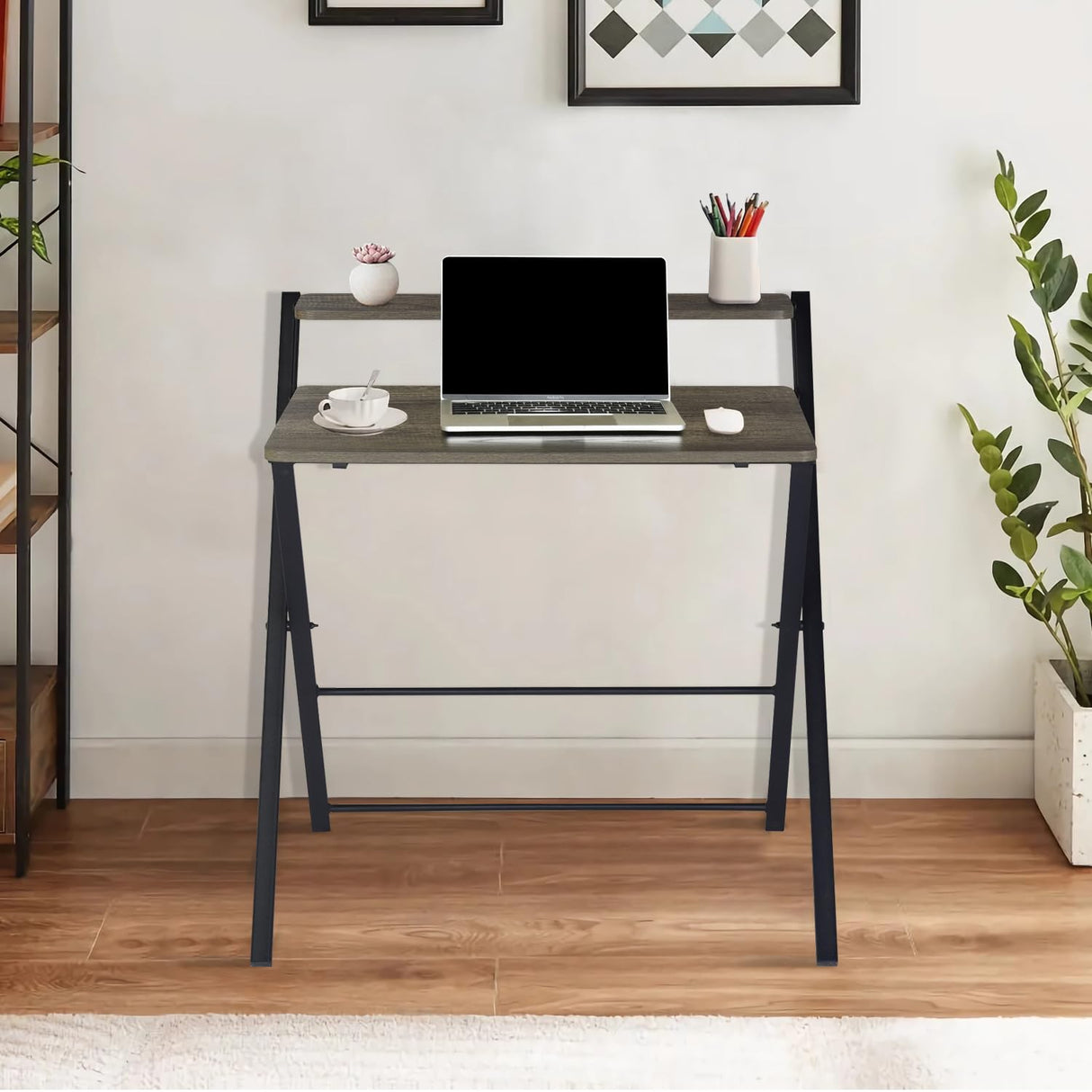 Folding Desk 2-Tier Foldable Table Space Saving Computer Table Writing Workstation for Home Office with Metal Frames/Wood Top Laptop, No Assembly Required, Rustic Brown, 31.9(L) x 20.5(D) x 33.5(H) FurnitureR