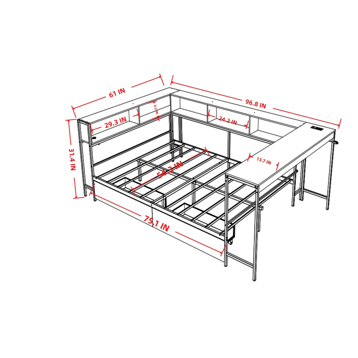 Bellemave Full Corner Bed Frame with Desk and Storage, Full Size Captains Bed with Charging Station and LED Light, Wood Daybeds with L-Shaped Bookcase and 2 Drawers, Grey Bellemave