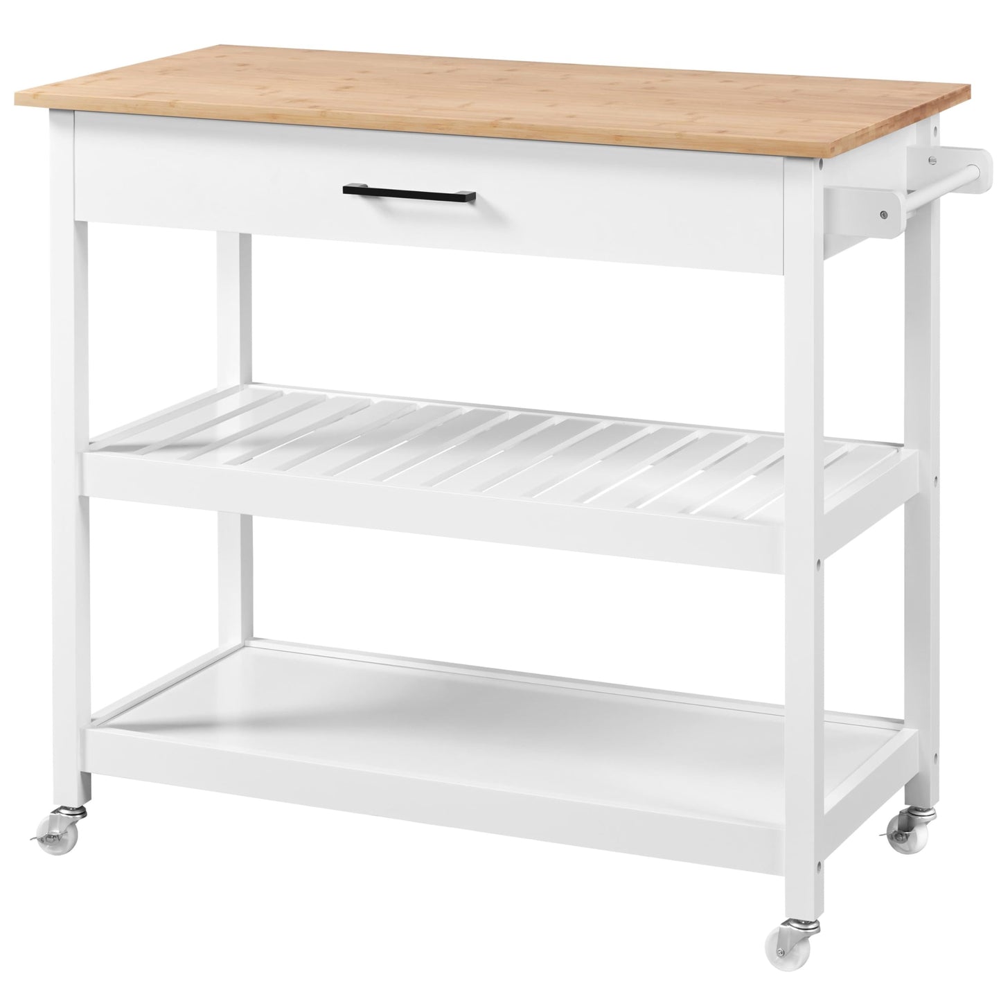 Yaheetech 40" Width Kitchen Island Cart on Wheels, 3 Tiers Rolling Utility Cart with Solid Wood Top and Drawer & 2 Spacious Storage Shelf, Serving Trolley for Dining Room, White - WoodArtSupply