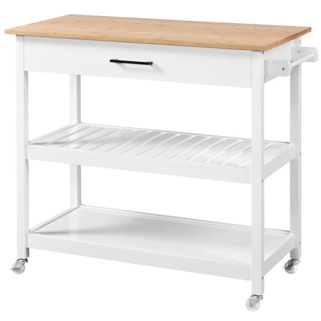 Yaheetech 40" Width Kitchen Island Cart on Wheels, 3 Tiers Rolling Utility Cart with Solid Wood Top and Drawer & 2 Spacious Storage Shelf, Serving Trolley for Dining Room, White Yaheetech