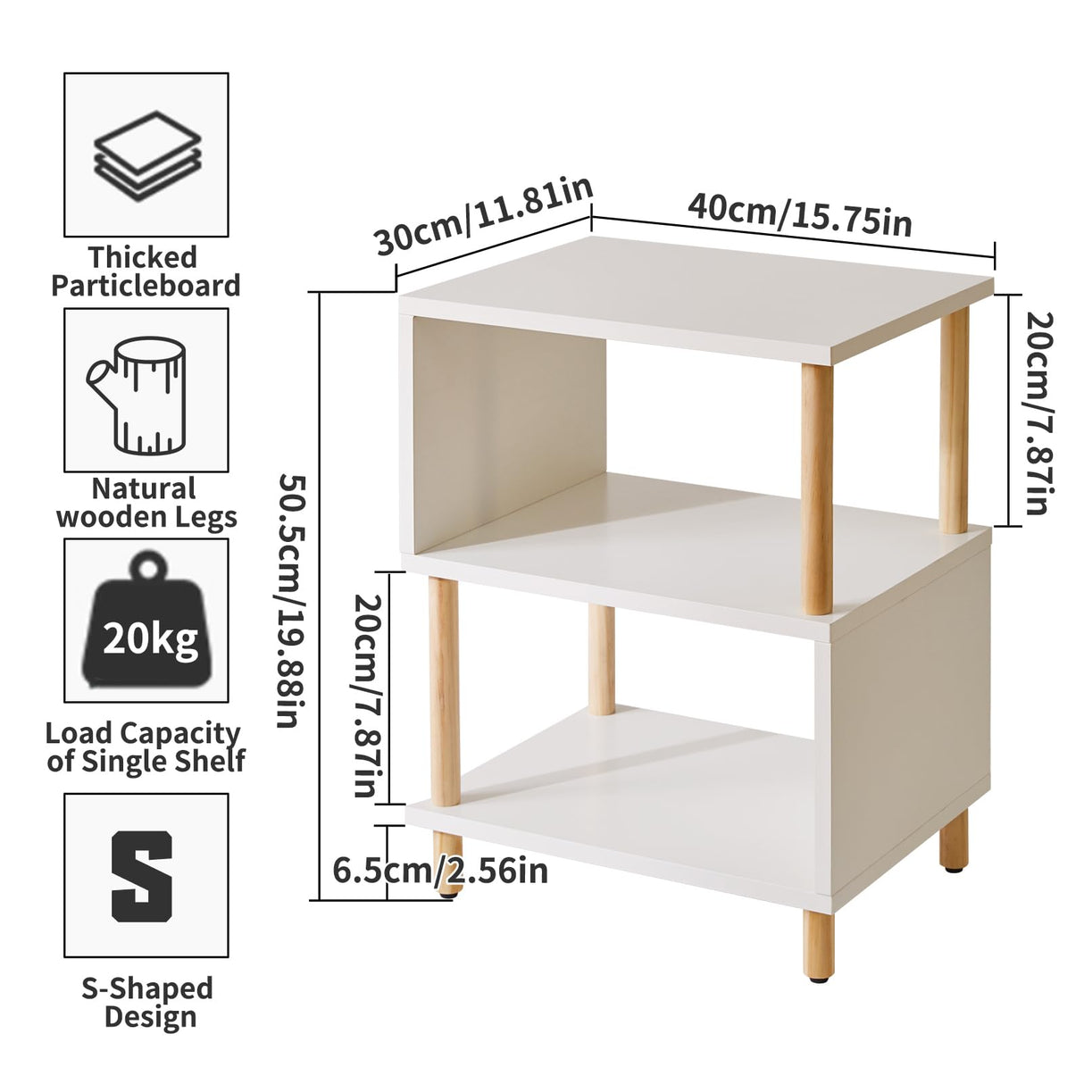 Aibiju White Night Stand with Open Storage Shelf, Wood Nightstand S Shape, Bed Side Table 3 Tier 20 inch high, End Table White/Natural Wood YD-TM152W Aibiju