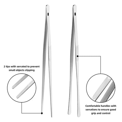 ChefBee Kitchen Cooking Tongs Tweezers - 2PCS 12" Stainless Steel Kitchen Utensils, Metal Fine Tweezers Tongs with Precision Serrated Tips for Chef, Serving Food, Grill, Culinary, Pasta, Salad, BBQ