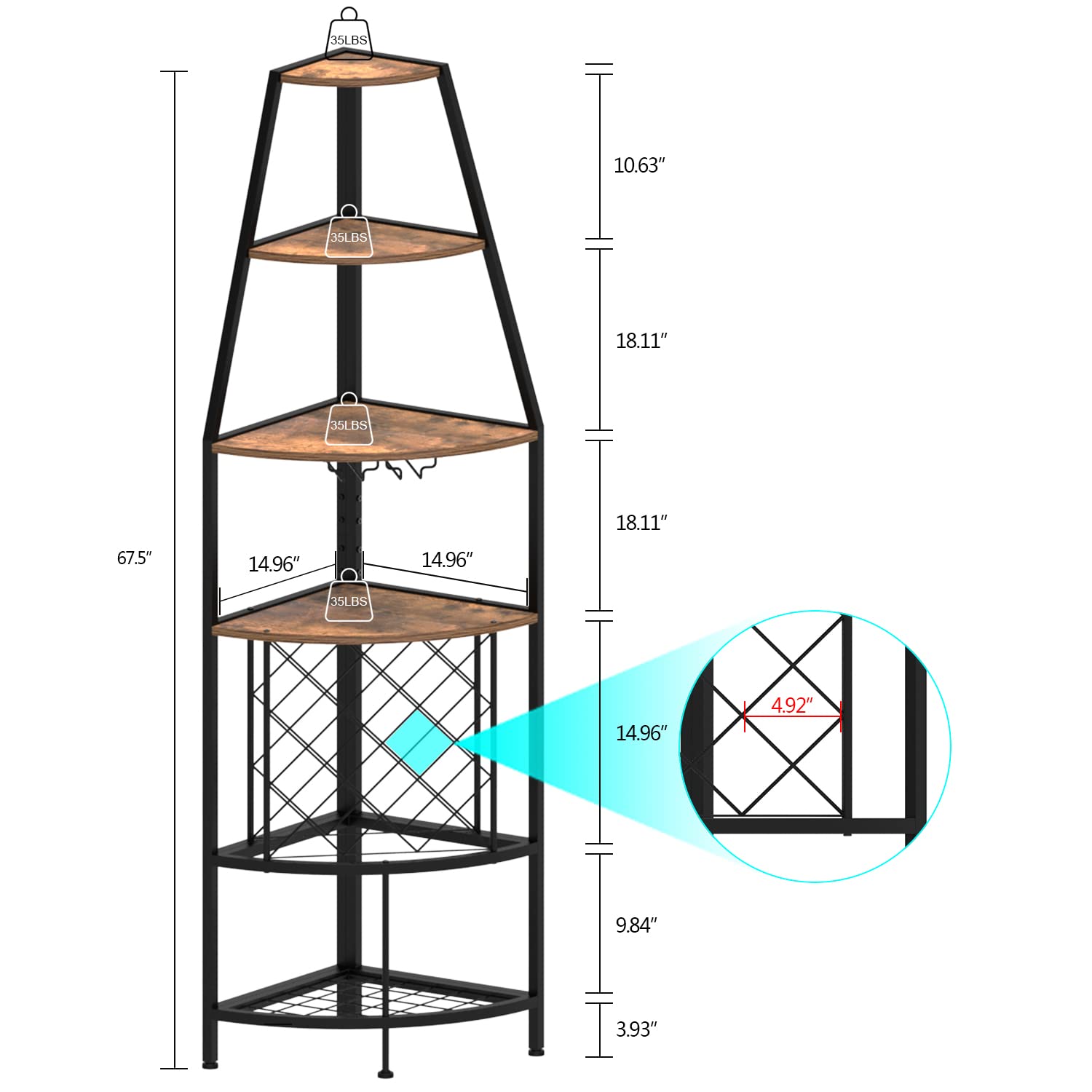 Espelism 5-Tier Corner Wine Rack with LED Light Floor Standing Wine Rack with Glass Holder and Bottles Wine Storage Home Bar Furniture for Kitchen Living Dining Room (Rustic Brown) - WoodArtSupply