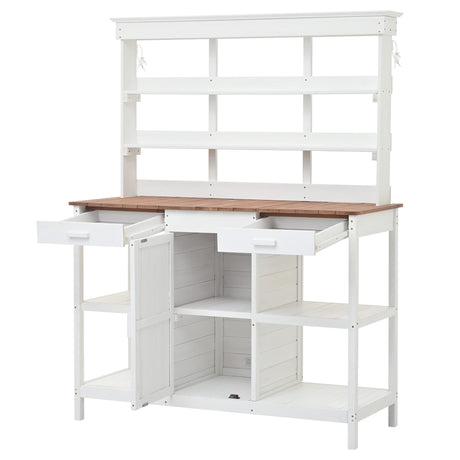 66" Large Outdoor Farmhouse Wooden Potting Bench Table, Garden Workstation with 2 Drawers, Cabinet and Open Shelves for Backyard, Mudroom (White/Outdoor#) CKLMMC