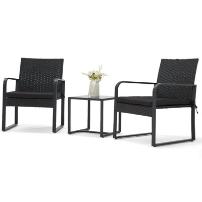 Bezseller 3 Piece Outdoor Patio Furniture Set, Patio Bistro Set Wicker Conversation Set, Modern Rattan Chair with Glass Coffee Table for Backyard, Porches, Poolside, Lawn and Balcony