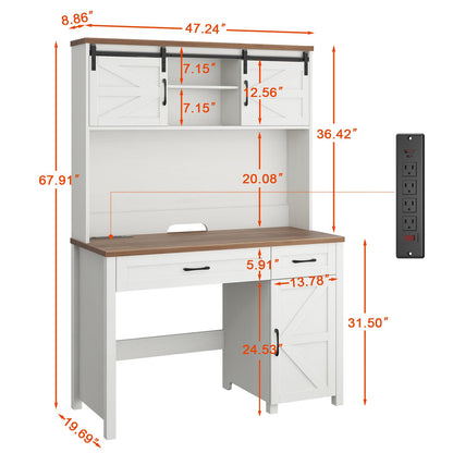 Vabches Farmhouse 47" Desk, Executive I-Shape with 3 Drawers, Storage Cabinet, Hutch, Charging Hub for Home Office - WoodArtSupply