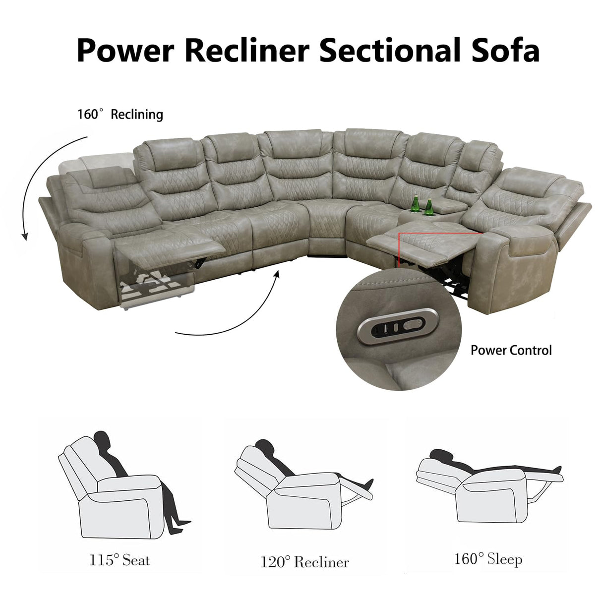 Power Air Leather Reclining Sofa with LED,Leather Recliner Sectional Couch for Living Room, Reclining Couches with Cup Holders Hide-Away Storage (Grey, Sectional) Pon Living Furniture Inc