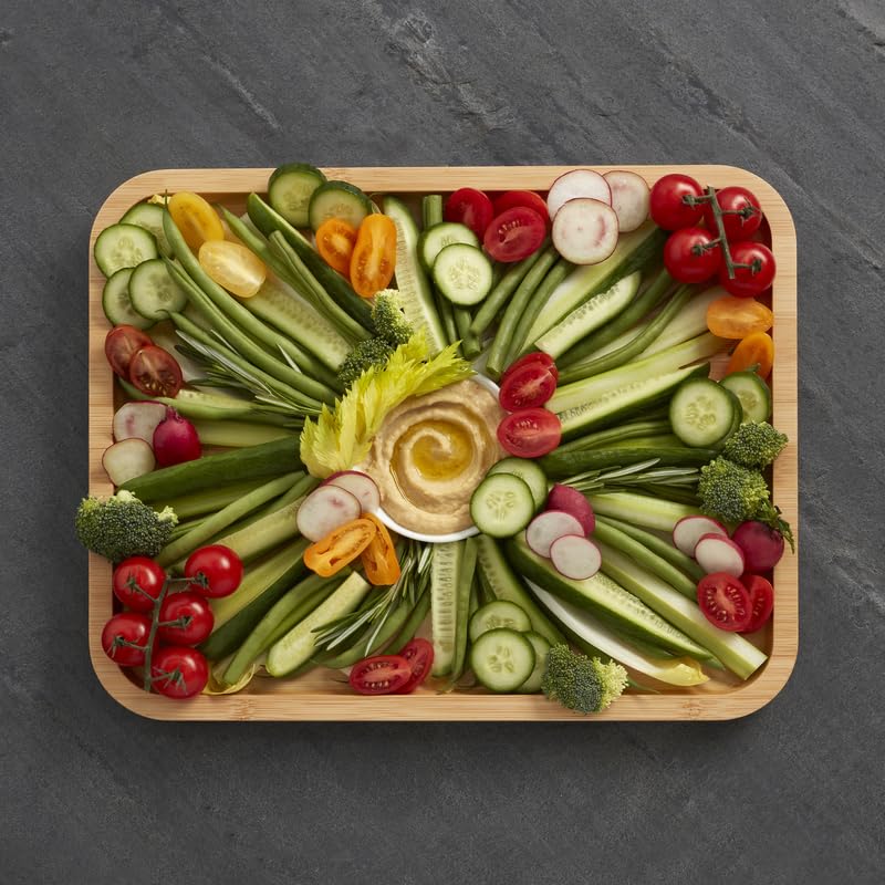 Farberware Build-A-Board Bamboo Cutting Board with Built-in Compartments and Clear Locking Lid with Navy Handles, Perfect for Charcuterie, Snacks, and More - Make it. Take it. Enjoy it, 11x14 Inches