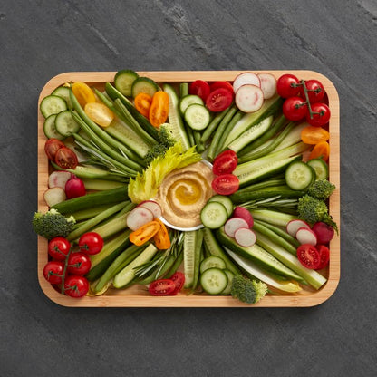 Farberware Build-A-Board Bamboo Cutting Board with Built-in Compartments and Clear Locking Lid with Navy Handles, Perfect for Charcuterie, Snacks, and More - Make it. Take it. Enjoy it, 11x14 Inches