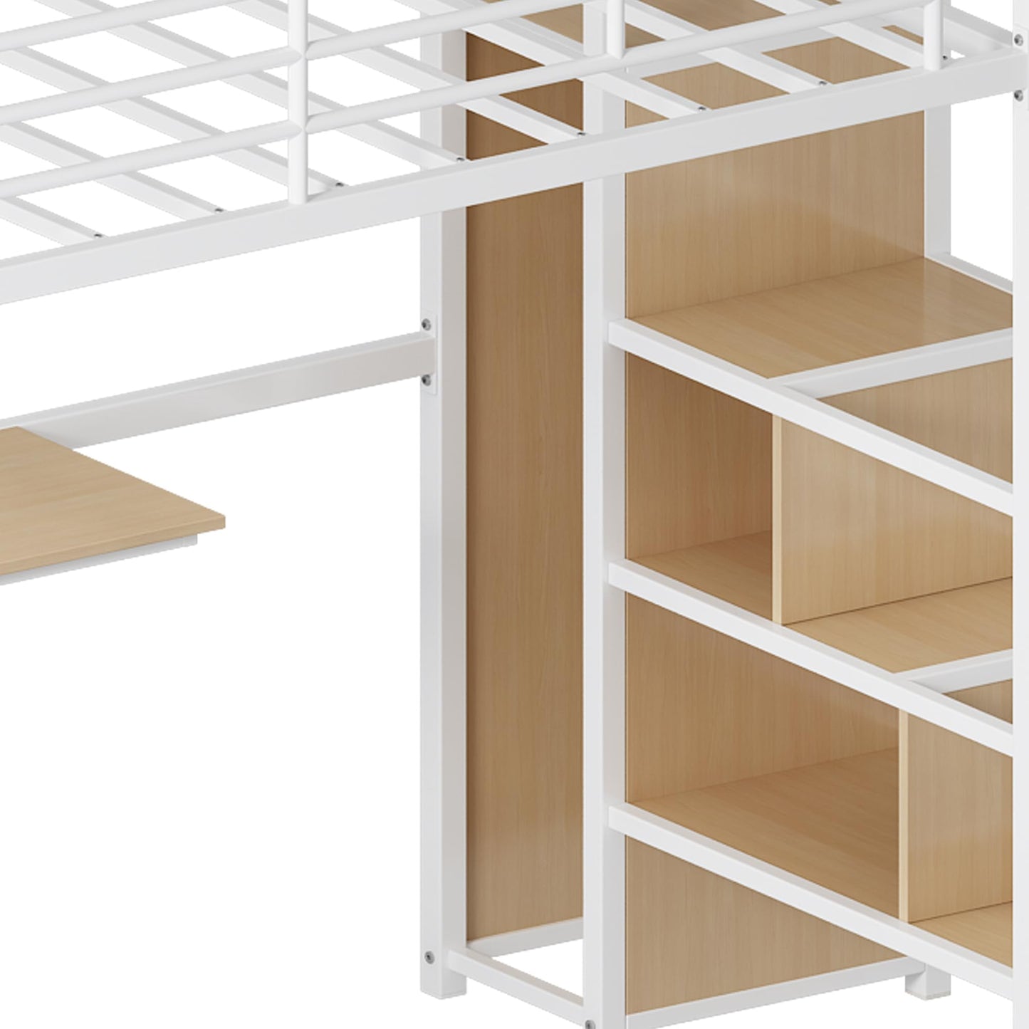 Twin Loft Bed with Desk and Storage Shelf, Metal Kids Loft Bed with Stairs, Wardrobe and Metal Grid, Twin Size Loft Bed for Kids, Girls, Boys, No Box Spring Needed, White Loft Bed Twin Size