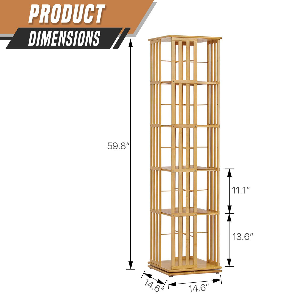 SFIHOME Bamboo Rotating Bookcase 5-Tierd Rotating Bookshelf Tower for Storage, Revolving Floor Standing Book Shelves 360 Degree Spinning Bookshelf for Living Room, Bedroom, Office and Library SFIHOME