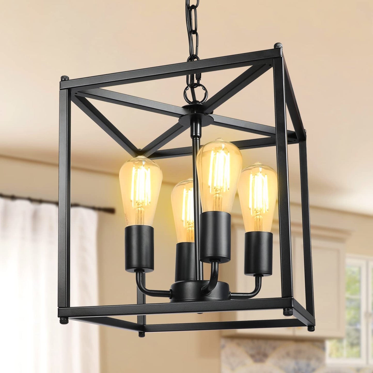 Unicozin 4-Light Black Farmhouse Chandelier, Iron Lantern Pendant Light Rustic Cage Adjustable Height, E26 Base Industrial Hanging Lights for Kitchen Island Dining Room Hallway Foyer Entryway