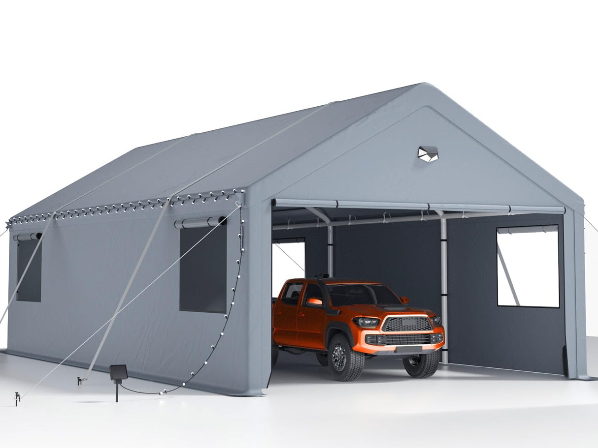 Carports 20X20 Heavy Duty,Car Ports with 180G Removable Side Walls,Carport Canopy,Portable Car Port Garage,Car Shelter All Weather,Grey Sannwsg