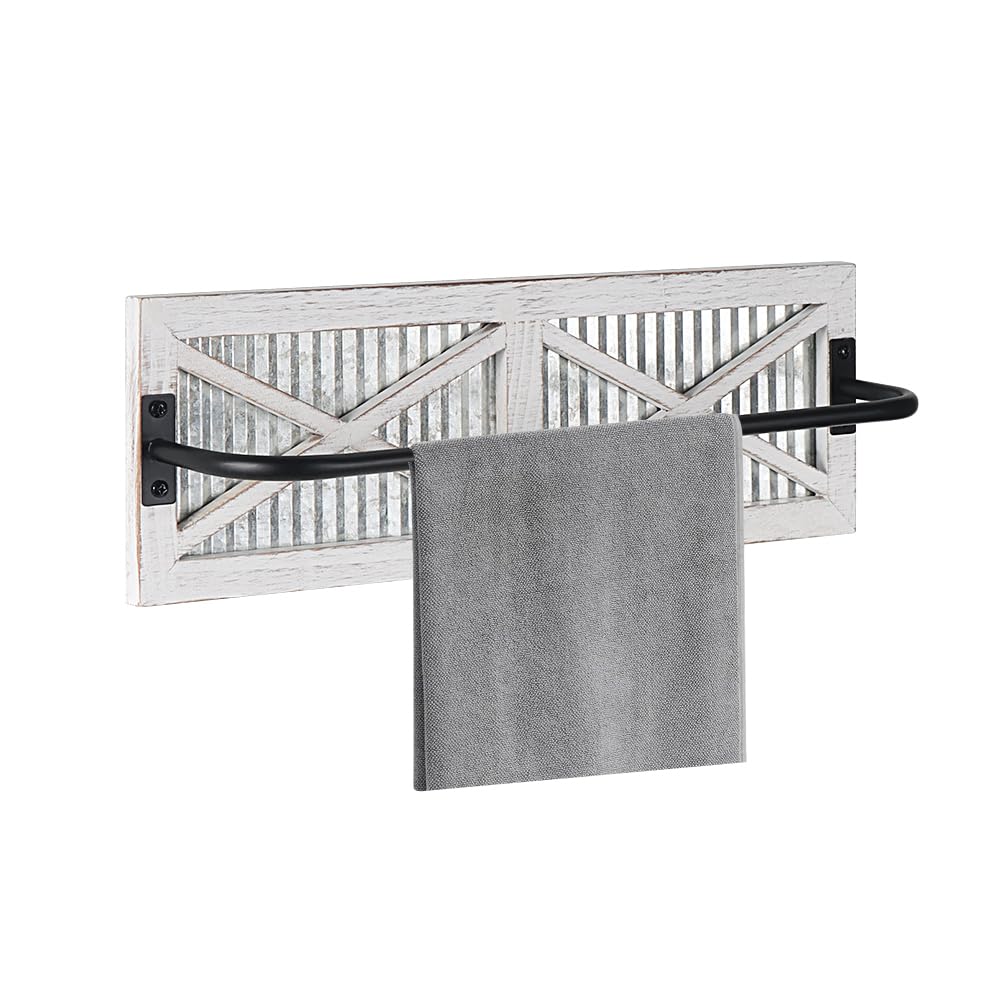 Butizone Bathroom Towel Rack, Rustic Towel Rack Wall Mounted, Small Farmhouse Bath Towel Storage Rack with Weathered Wood and Corrugated Galvanized Metal, for Hanging Towels and Hand towels, White Butizone