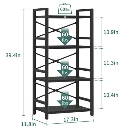 Yoobure 4 Tier Bookshelf - Small Book Shelf Industrial Bookcase, Narrow Book Case Book Storage Organizer for CD/Movie/Book, Bookshelves for Bedroom Office Living Room Black