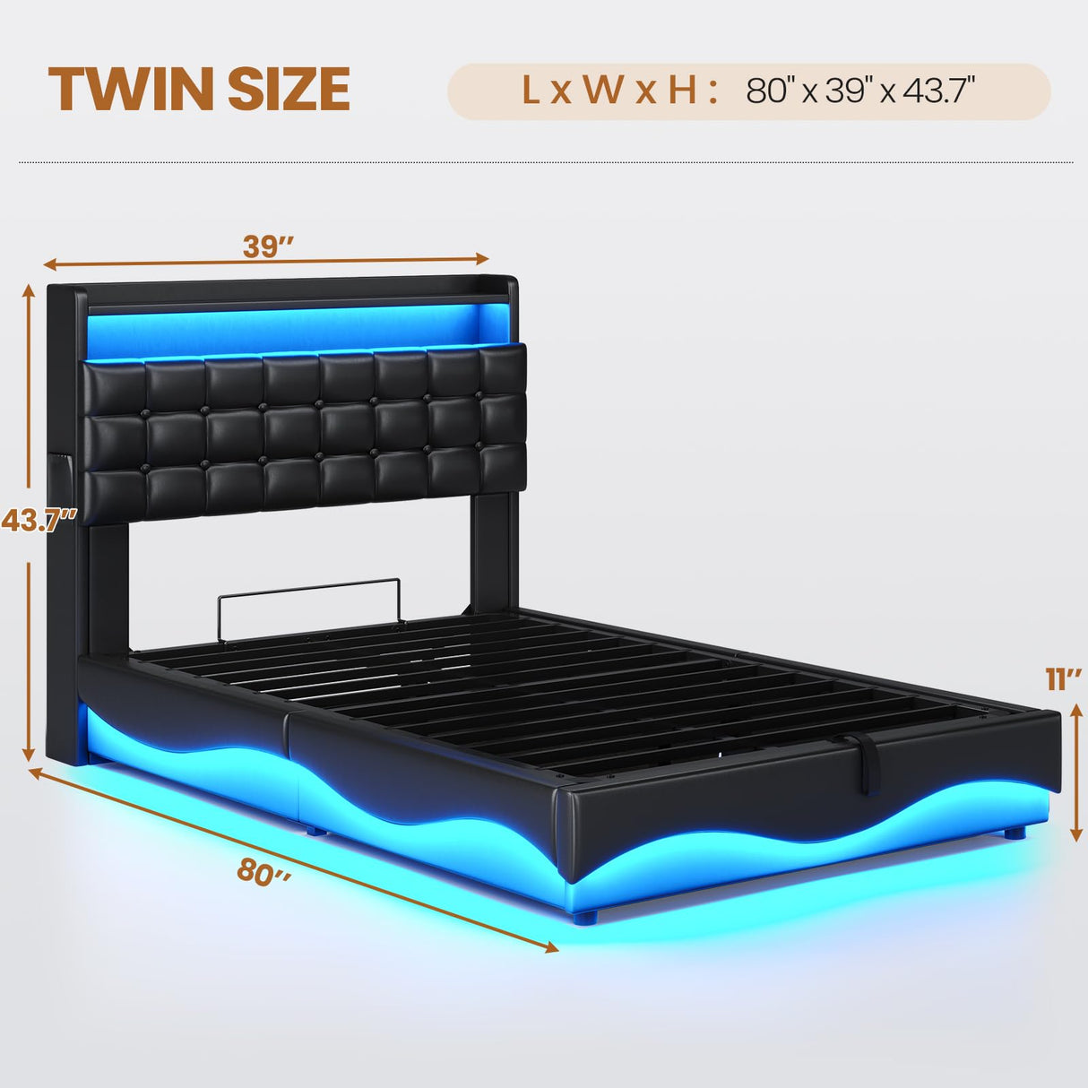 BTHFST Bed Frame Twin Size with Lift Up Storage, Power Outlet & RGB Lights, Upholastered Storage Headboard, Twin Boys Bed with Heavy Duty Steel Slats, No Box Spring Needed, PU Black BTHFST