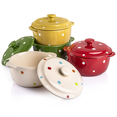 AVLA 4 Pack Porcelain Ramekins, 9 OZ Mini Casserole Bowl with Lid and Handle, Ceramic Souffle Soup Creme Brulee Bowls, Oven Safe, Mini Casserole Dish (Polka Dot, Assorted Color) AVLA