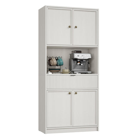 GarveeHome Kitchen Pantry Cabinet, 70" Tall Pantry Storage Cabinet with Countertop, Fluted Tall Cabinets with Doors and Drawer, Freestanding Cupboard for Dining Room, Living Room, Antique White GarveeHome