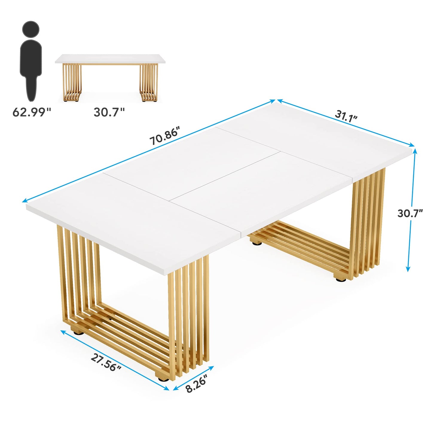 Tribesigns 70.9" Modern Office Desk, Wooden Computer Desk, White Executive Desk with Gold Metal Legs, Large Workstation for Home Office, Study Writing Desk, Small Conference Table for Meeting - WoodArtSupply