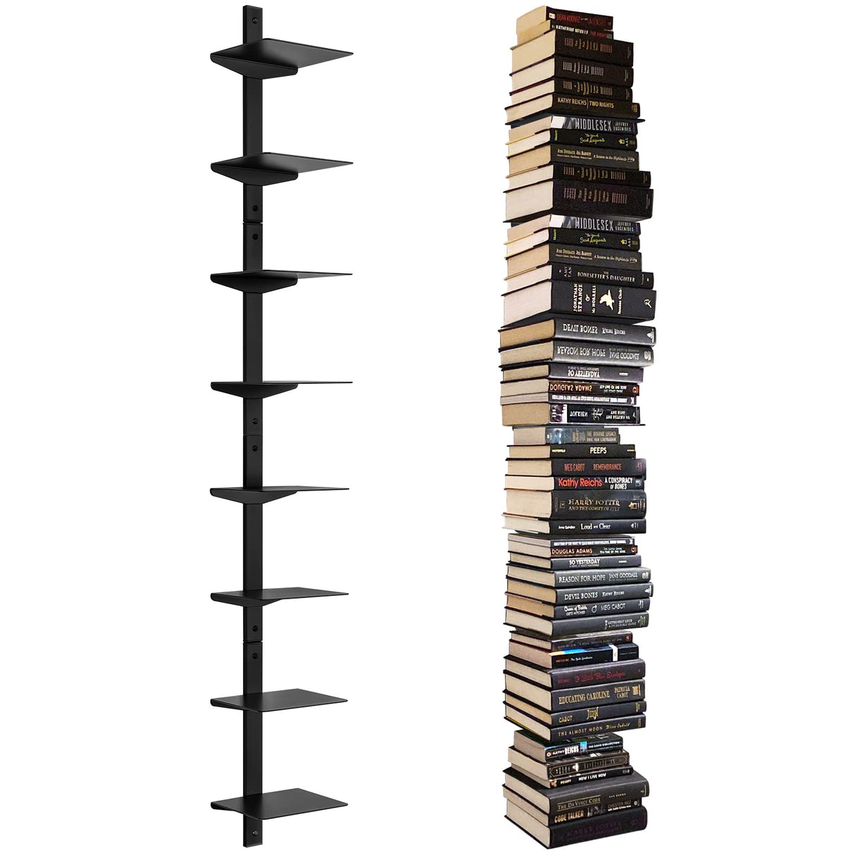 ART-GIFTREE Floating Book Shelves for Wall, 8 Tier Invisible Floating Bookshelf, Vertical Spine Book Tower, Wall Mounted & Space Saving, Heavy Duty Metal Book Organizer for Home Office, 4 Pack Black ART-GIFTREE