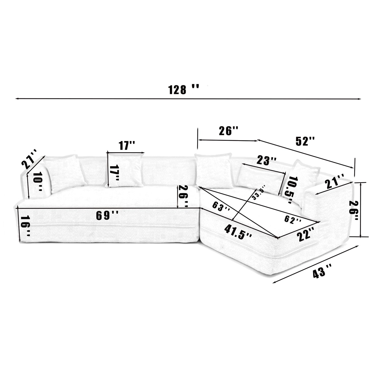 VASOENY 125.2'' Modern Sectional Sofa, Boucle Fabirc Curved Couch with Right Facing Sectional Chaise Lounge and 5 Pillows, 3 Seat Corner Sofa Couch for Living Room, Office, Apartment