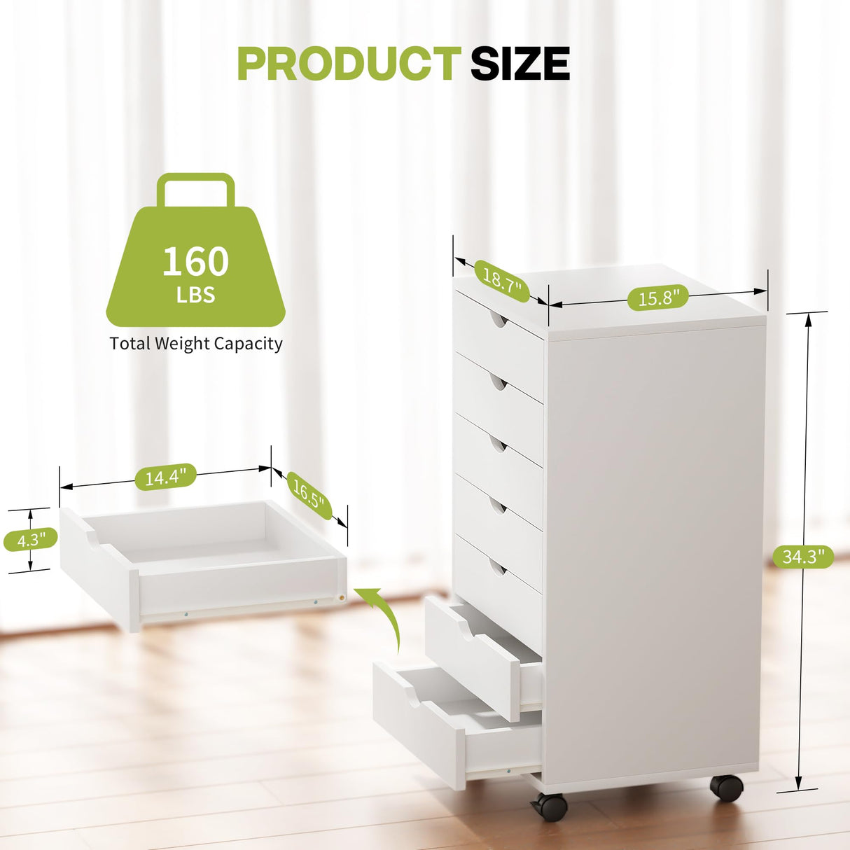 7 Drawer Chest, Storage Cabinet Dressers with Wheels, Dressers Storage Cabinets, Dresser Mobile Cabinet with Wheels, Room Organizer, Small Drawers Wood Organization Furniture for Office, Home, White Simple Deluxe