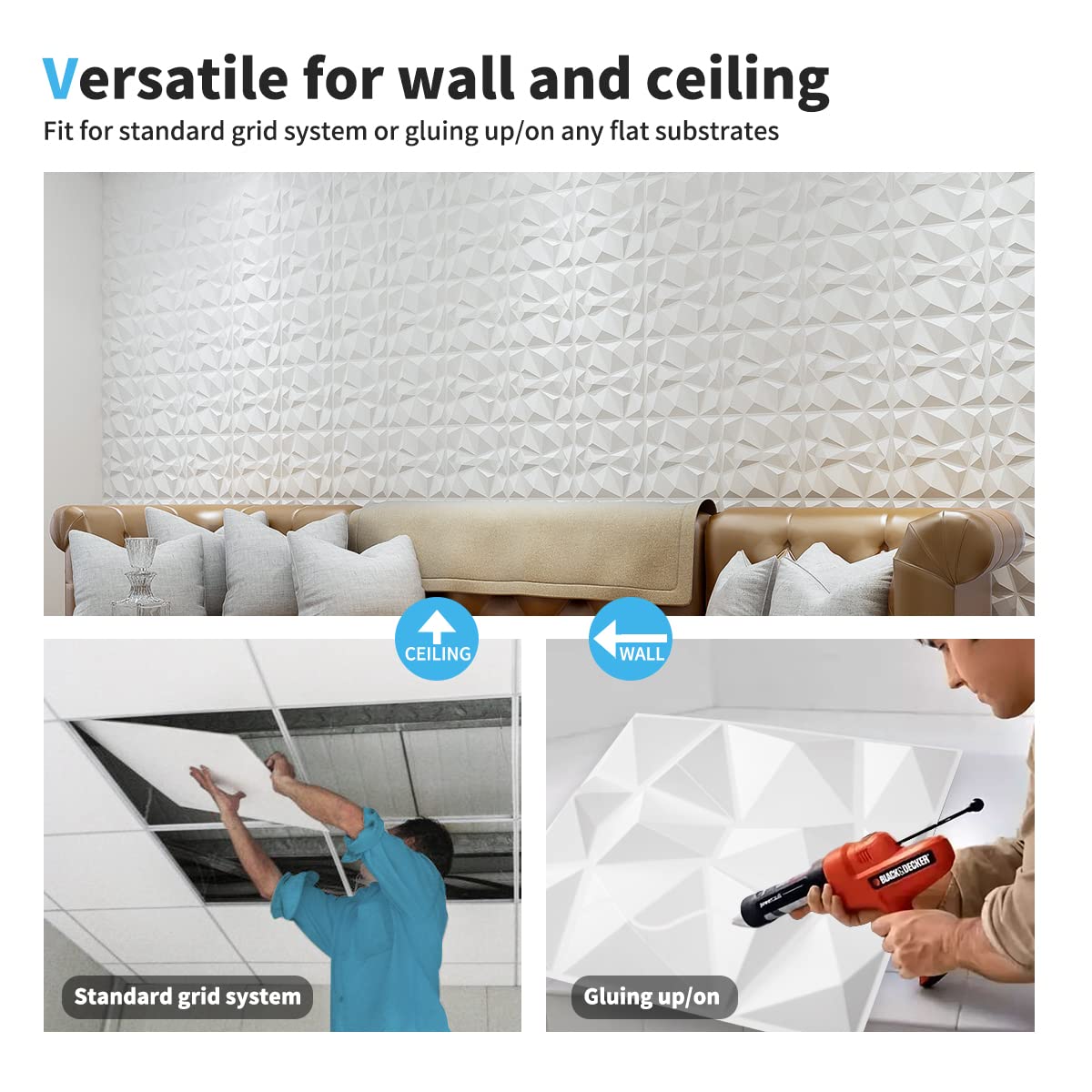 Art3d Decorative 3D Wall Panels in Diamond Design, 12"x12" Matt White (33 Pack) Art3d