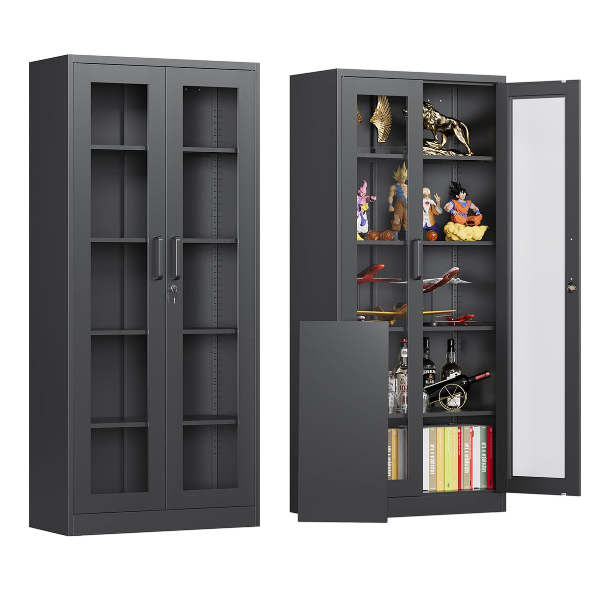 AFAIF Locking Display Cabinet with Glass Door, 71”H Metal Curio Cabinets with Adjustable Shelves, Black Liquor Caninet Display Case for Living Room, Collectibles, Clinic, Home - Assembly Required AFAIF