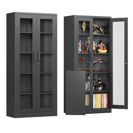 AFAIF Locking Display Cabinet with Glass Door, 71”H Metal Curio Cabinets with Adjustable Shelves, Black Liquor Caninet Display Case for Living Room, Collectibles, Clinic, Home - Assembly Required AFAIF