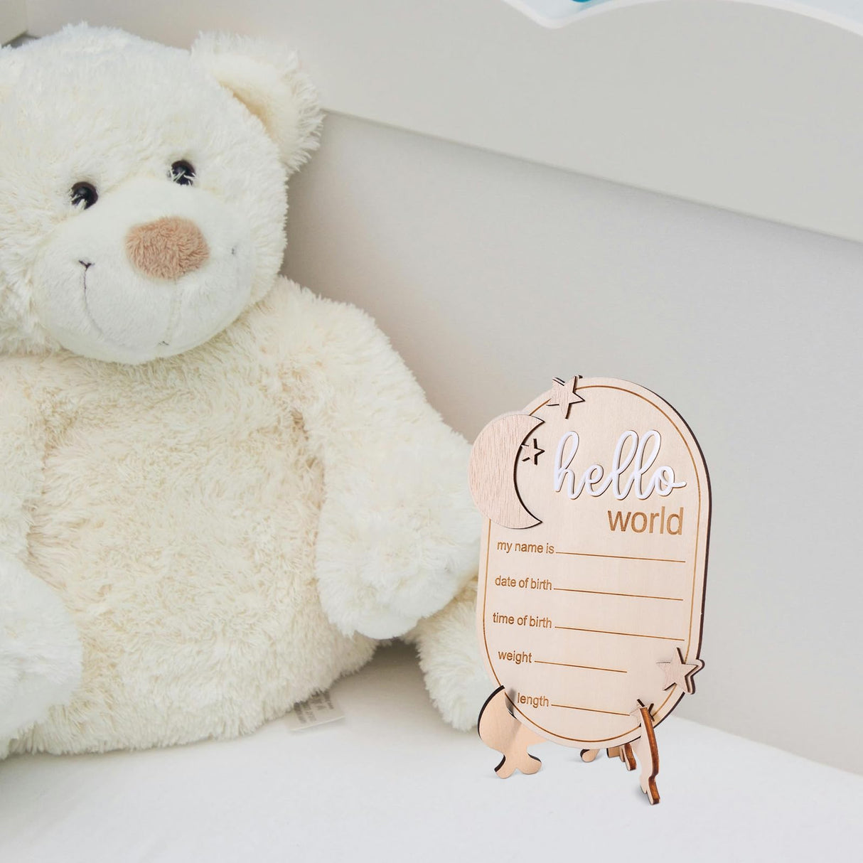 Baby Announcement Sign, 5.91x4.33 Inch Wooden Newborn Announcement Sign with Stand Wood Hello World Newborn Baby Name Sign Birth Announcement Sign for Home Hospital Nursery Gosknor
