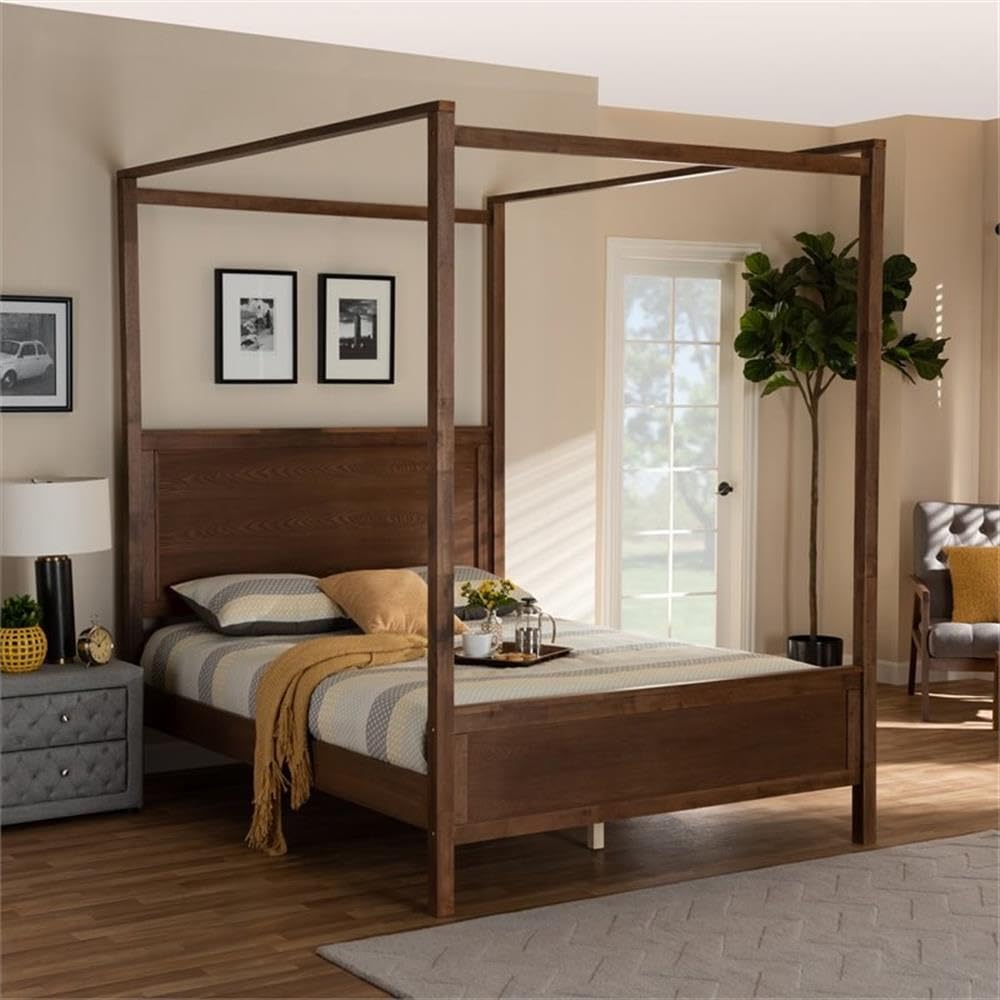 Baxton Studio Veronica Modern and Contemporary Walnut Brown Finished Wood Queen Size Platform Canopy Bed Baxton Studio