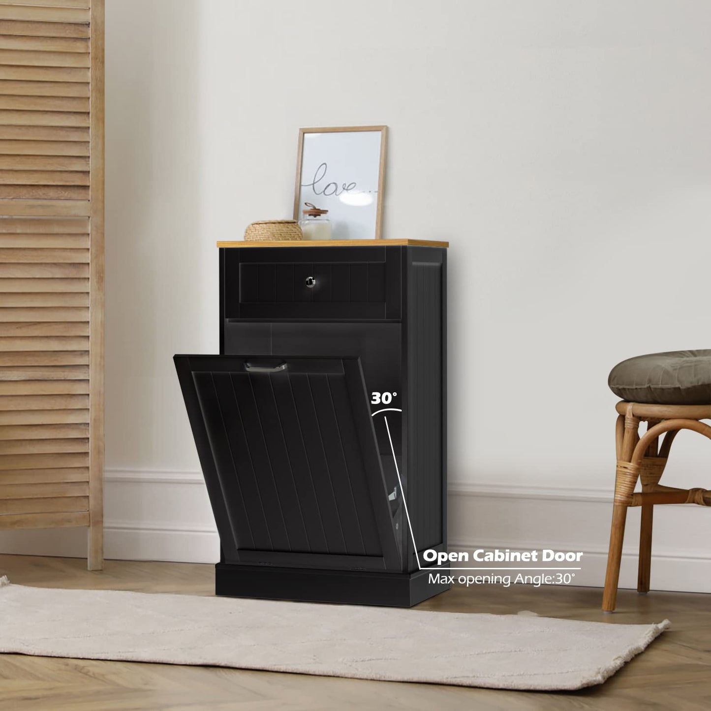 GAZHOME Tilt Out Trash Cabinet, Wooden Free Standing Trash Cabinet,Recycling Cabinet with Hideaway Drawer,10 Gallon Tilt Out Trash Cabinet Kitchen(Black) - WoodArtSupply