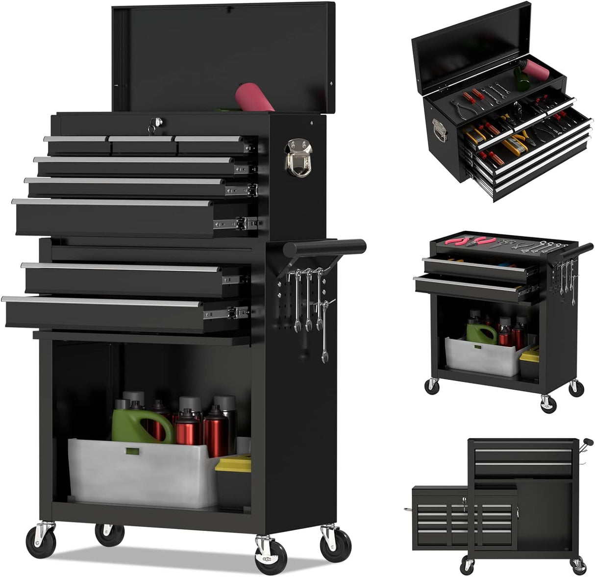 OAKANDO 8 Drawer Rolling Tool Chest, High Capacity Tool Box with Lockable Wheels and Drawers, 2 in 1 Portable Toolbox Organizer Storage Cabinet for Garage, Warehouse, Repair Shop, Black OAKANDO