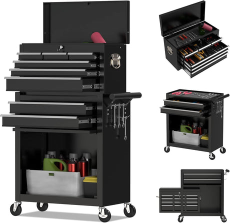 OAKANDO 8 Drawer Rolling Tool Chest, High Capacity Tool Box with Lockable Wheels and Drawers, 2 in 1 Portable Toolbox Organizer Storage Cabinet for Garage, Warehouse, Repair Shop, Black OAKANDO