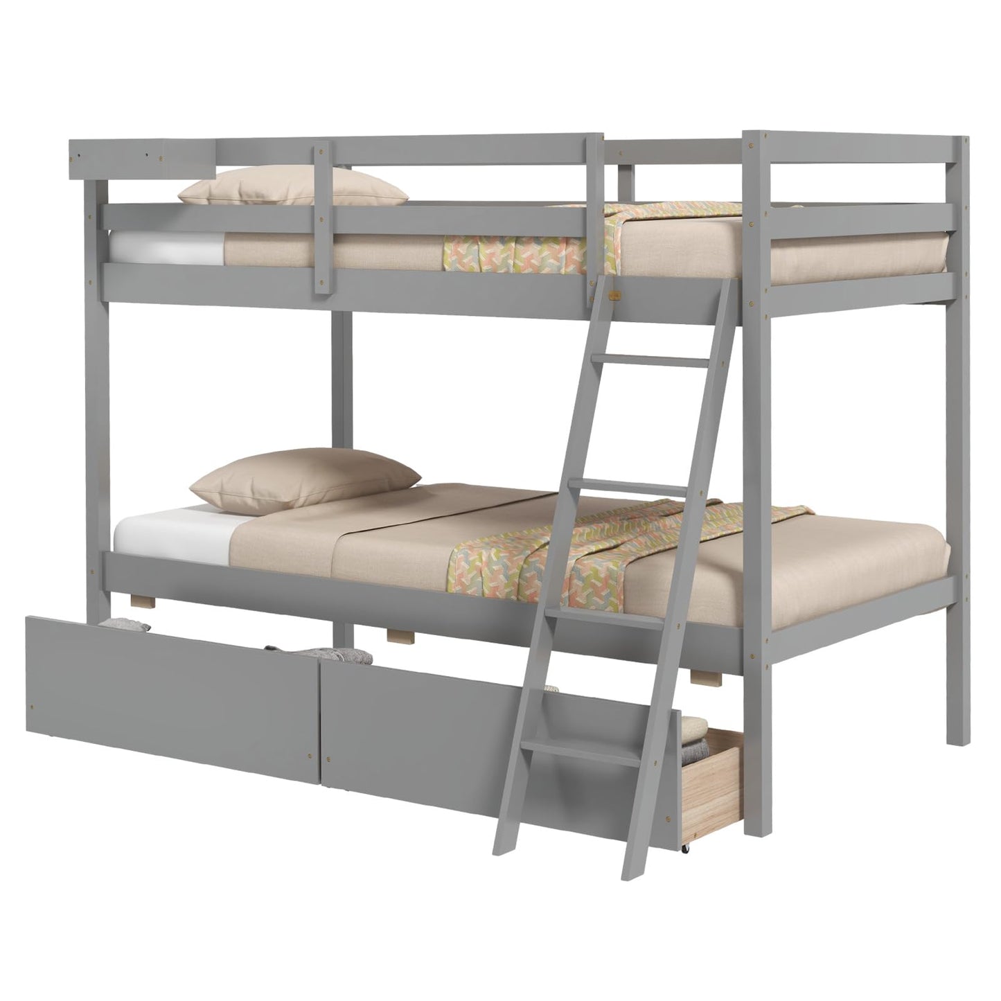 KOTEK Twin Over Twin Bunk Bed with Storage Drawers and Guardrails in Grey - WoodArtSupply