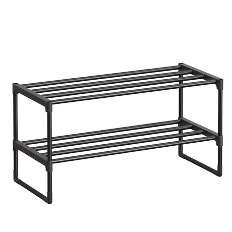 SONGMICS Shoe Rack, 2-Tier Shoe Organizer, Metal Storage Shelf, Upright or Upside Down, for 6-9 Pairs, Stackable, for Entryway, 11.8 x 26.8 x 13.2 Inches, Black ULSA202B01 SONGMICS