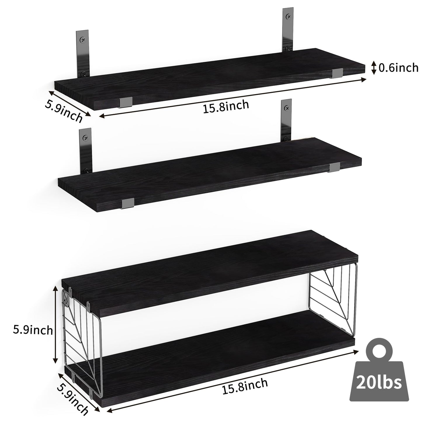 Fixwal 3+1 Tier Bathroom Floating Shelves Over Toilet, 15.8in Farmhouse Rustic Wood Shelves, Wall Decor for Bathroom, Living Room,Bedroom and Kitchen (Black)