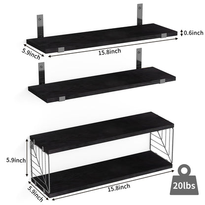 Fixwal 3+1 Tier Bathroom Floating Shelves Over Toilet, 15.8in Farmhouse Rustic Wood Shelves, Wall Decor for Bathroom, Living Room,Bedroom and Kitchen (Black)