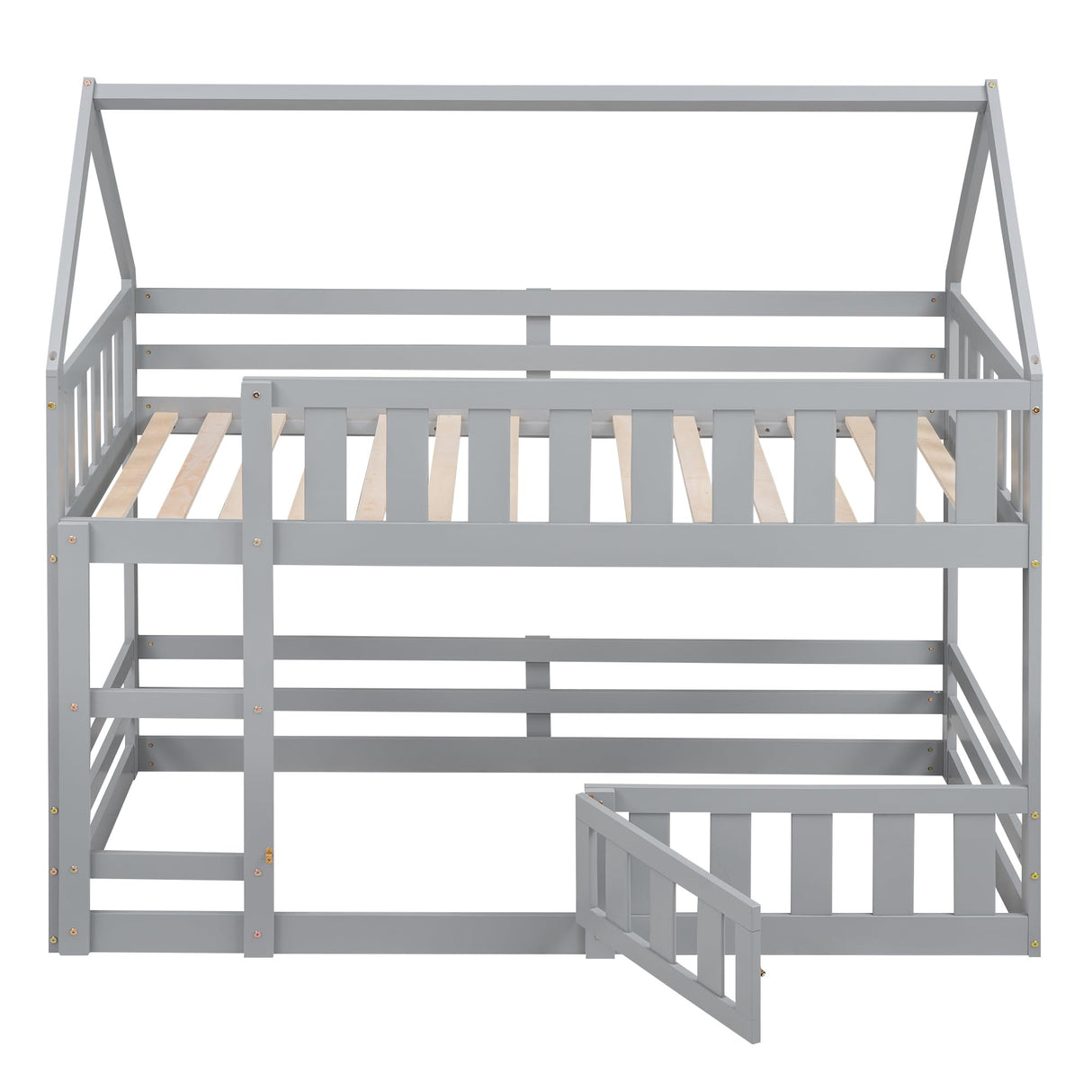 LZ LEISURE ZONE Grey Twin Over Twin Bunk Bed with House Design, Safety Fence, and Playful Door LZ LEISURE ZONE