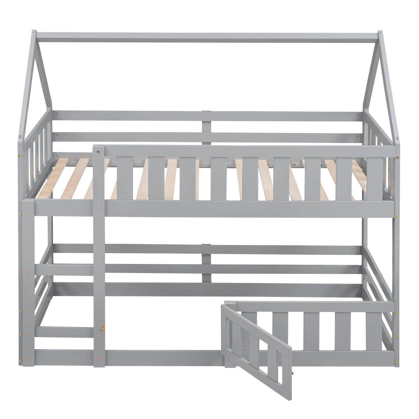 LZ LEISURE ZONE Grey Twin Over Twin Bunk Bed with House Design, Safety Fence, and Playful Door - WoodArtSupply