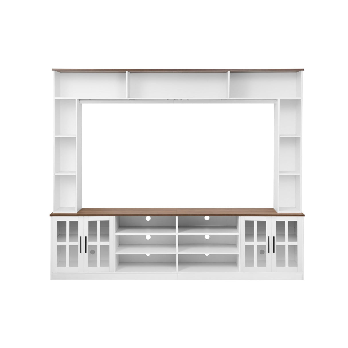 Tdewlye 95.5" W Wall Unit TV Stand Media Console with Bookshelves for TVs up to 80", Entertainment Center with Cabinets, Tempered Glass Doors and Adjustable Shelves,for Living Room (White@W) Tdewlye