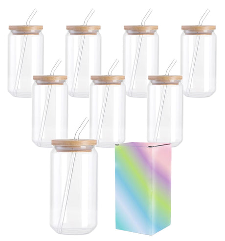 ABBSH Sublimation Glass Blanks With Bamboo Lid, Sublimation Frosted Glass Tumbler 16OZ, Sublimation Beer Can Glass, Frosted sublimation Glass Cups With Bamboo Lids And Straws 8Pack ABBSH