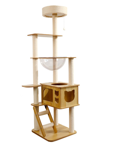 Yueyuesmart Modern Cat Tree with Acrylic Dome, 56 Inches Wooden Cat Tree No Carpet, Multi-Level Wood Cat Tower with Large Cat Condo, Round Top Perch, Scratching Post