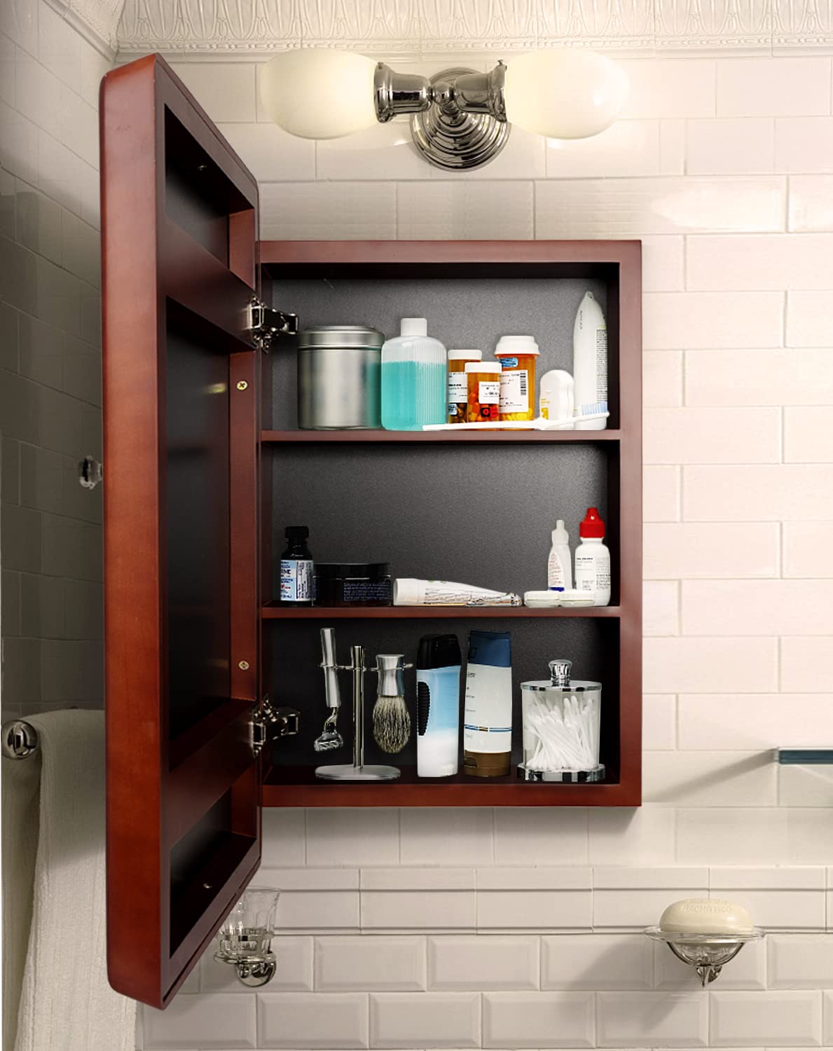 16'' W 24'' H Wood Framed Medicine Cabinet Organizer with Mirror Surface Mounting or in-Wall Installation (Brown) - WoodArtSupply