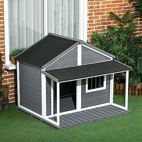 PawHut Outdoor Dog House Cabin Style, Wooden Raised Pet Kennel with Asphalt Roof, Front Door, Side Window, Porch for Medium/Large Dogs, Loading 53 Lbs., Grey PawHut