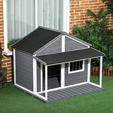 PawHut Outdoor Dog House Cabin Style, Wooden Raised Pet Kennel with Asphalt Roof, Front Door, Side Window, Porch for Medium/Large Dogs, Loading 53 Lbs., Grey PawHut