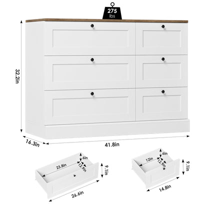 HOSTACK 6 Drawer Dresser, White Dresser for Bedroom, Wood Chest of Drawers, Wide Double Dresser, Modern Farmhouse Drawer Chest for Living Room, Hallway, Entryway, White/Rustic Brown - WoodArtSupply