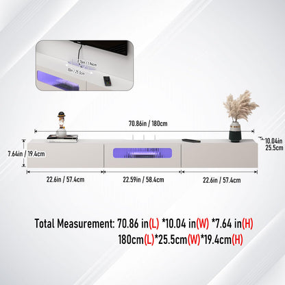 Bixiaomei Floating TV Stand with LED Lights, 71'' Wall Mounted TV Cabinet with Glass Door and 2 Drawers, Wooden Entertainment Media Console Center Large Storage Shelf Under TV (70.86IN, White)